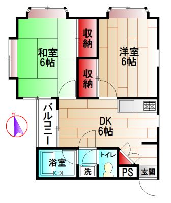 【間取】　バス・トイレ別、2DKタイプ角部屋