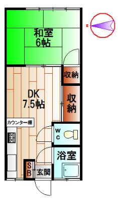 【間取】　和室6帖DK7.5帖の1DKタイプ