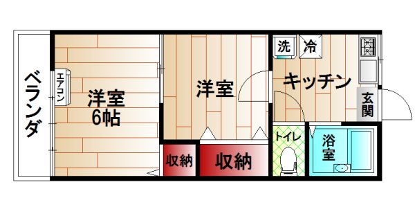 【間取】　洋室2部屋、バス・トイレ別の2Kタイプ