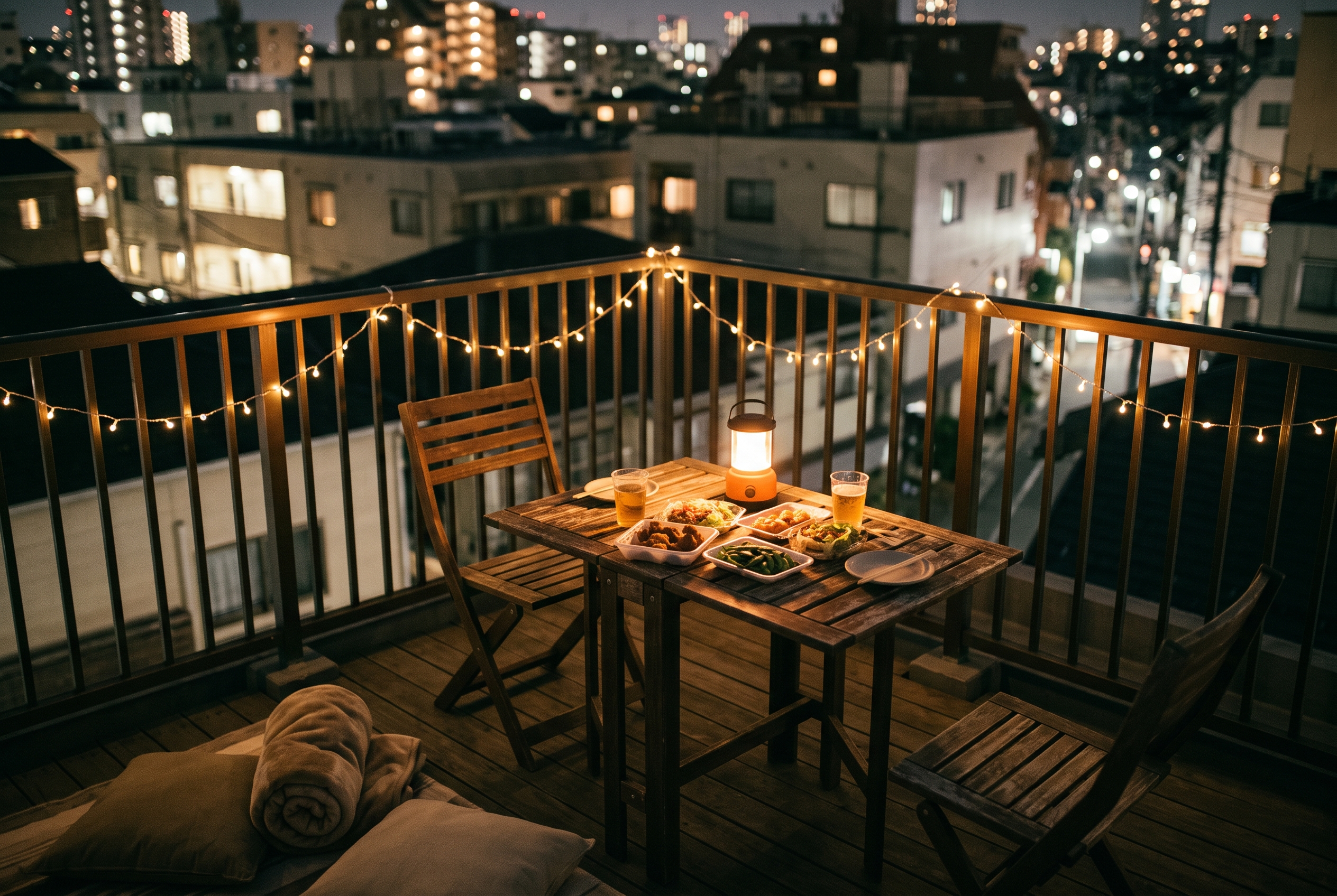 夜のルーフバルコニー。ランタンの明かりとテーブルの上の飲み物、奥に街の明かり